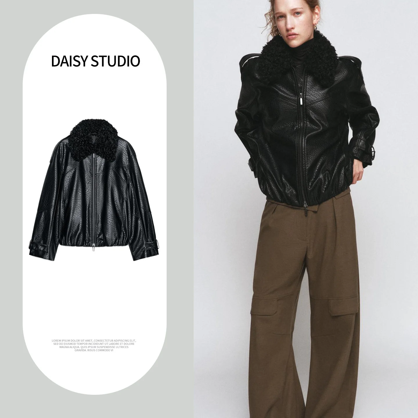 

Minimalist Style Long Sleeve PU Leather Effect Pilot Jacket Outerwear Spring Women's Fashion Collar Stand up Zipper Closure