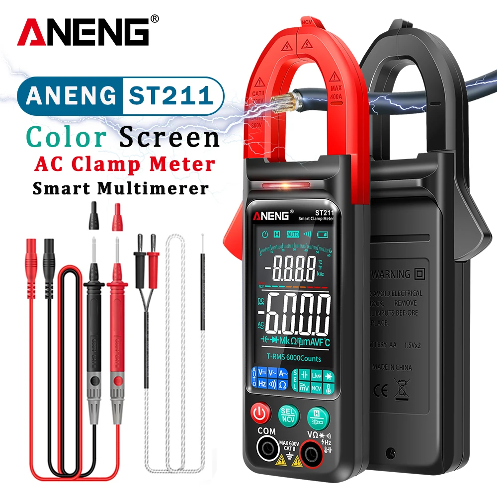 

ANENG ST211 Digital Clamp Meter Multimeter 6000 Counts AC DC Voltage Current Tester Car Amp Hz NCV Ohm Big Color Screen Test