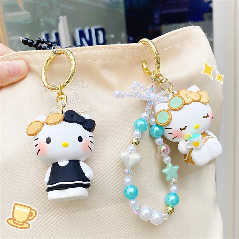 산리오 헬로 키티 카와이 레저 홀리데이 시리즈 인형 비즈 자동차 키체인 귀여운 만화 가방 펜던트 소녀를 위한 생일 선물