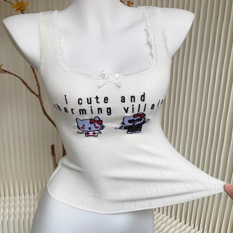 Bögen Spitze Hallo Kitty sexy Crop Tops Mädchen Kawaii Kitty Katze gedruckt y2k Tank Camis ärmellose schlanke Streetwear T-Shirts für Frauen