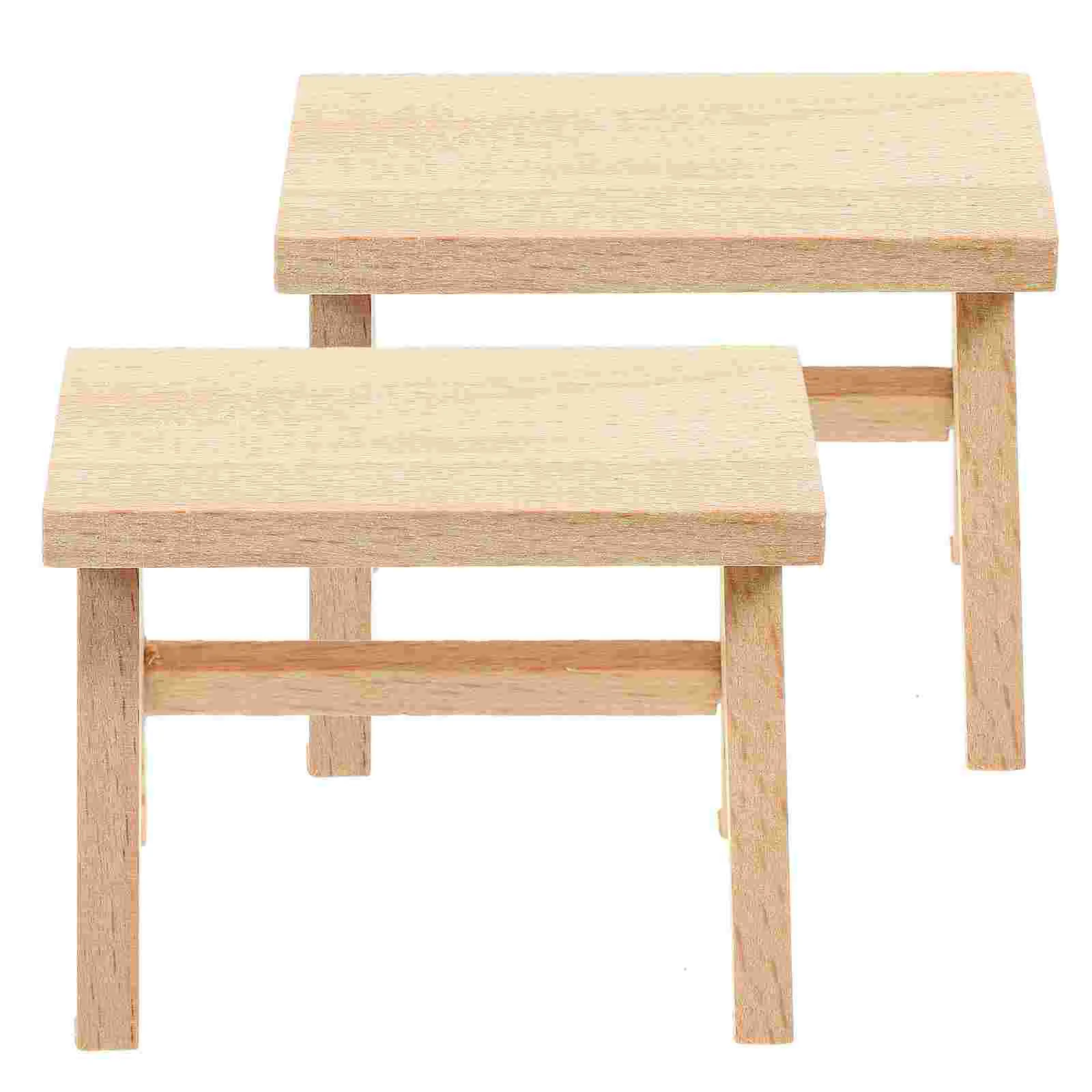 

2 Pcs House Mini Bench Model Table and Chair Furniture Ornaments Wooden Stool