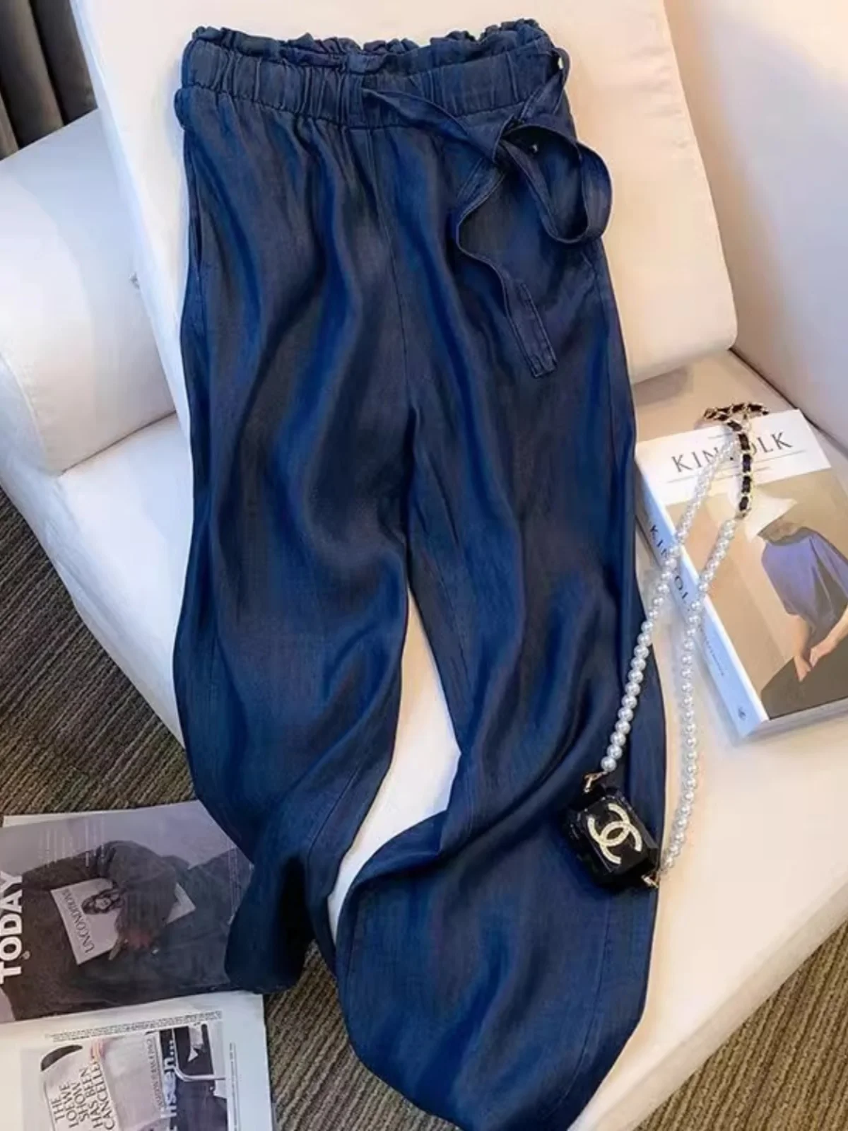 

Extra Large Size 300 Pounds Elastic Waist Draped Denim Pants Women's Vintage High Waist Loose Versatile Wide Leg Floor-Length...