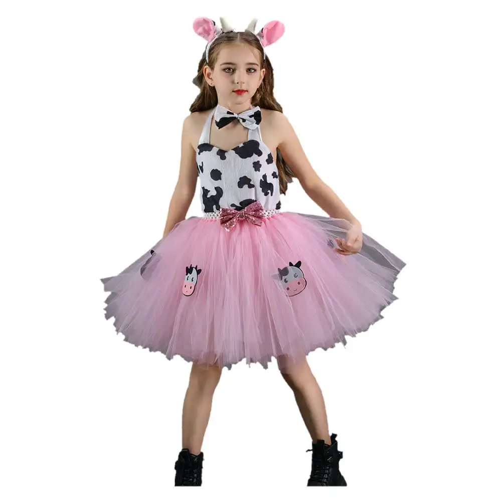 Kids Girls Pink Cow Tutu Dress Cosplay Skirt Mesh Costume Children Performance Stage Suit Outfits Halloween Carnival Party Cloth