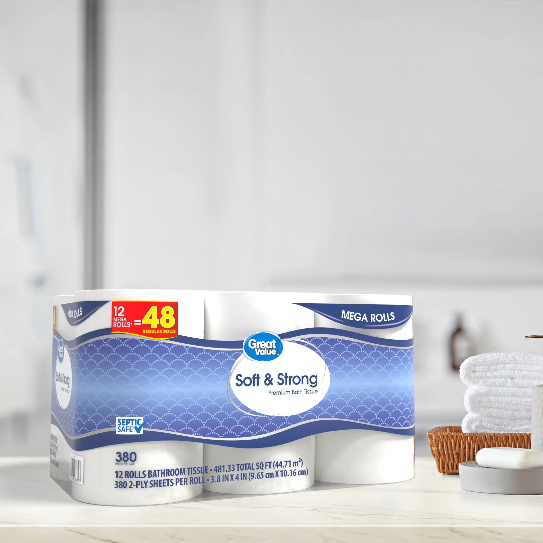 Carta igienica premium morbida e resistente, 12 rotoli mega, fornisce un'efficiente pulizia in modo delicato sulla pelle