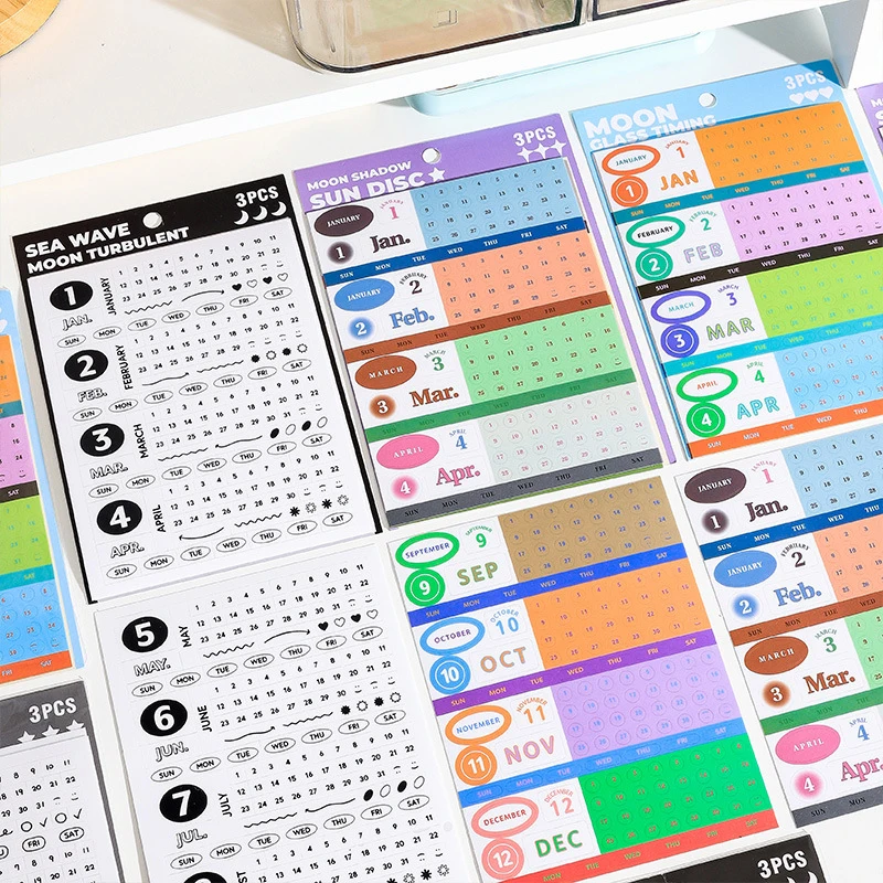3Sheets Simple Perpetual Calendar Series Waterproof Stickers Month Display Stickers Office Home Decorations Calendars Gifts