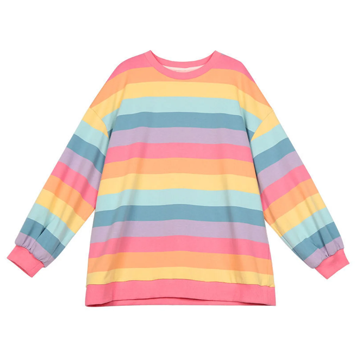 Pink Rainbow Striped Oversized T Shirts For Women Kawaii Summer Long Sleeve O-neck Shirt Korean Ladies Fleece Sweetops Tshirt