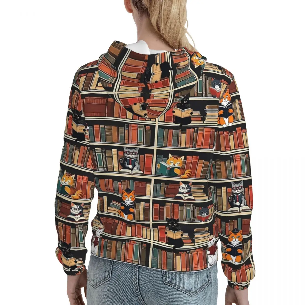 Library Cat Art Casual Hoodies ผู้หญิงแมวและหนังสือ y2k น่ารัก Hoodie ฤดูใบไม้ผลิ Street แฟชั่นการออกแบบเสื้อขนาดใหญ่ Top
