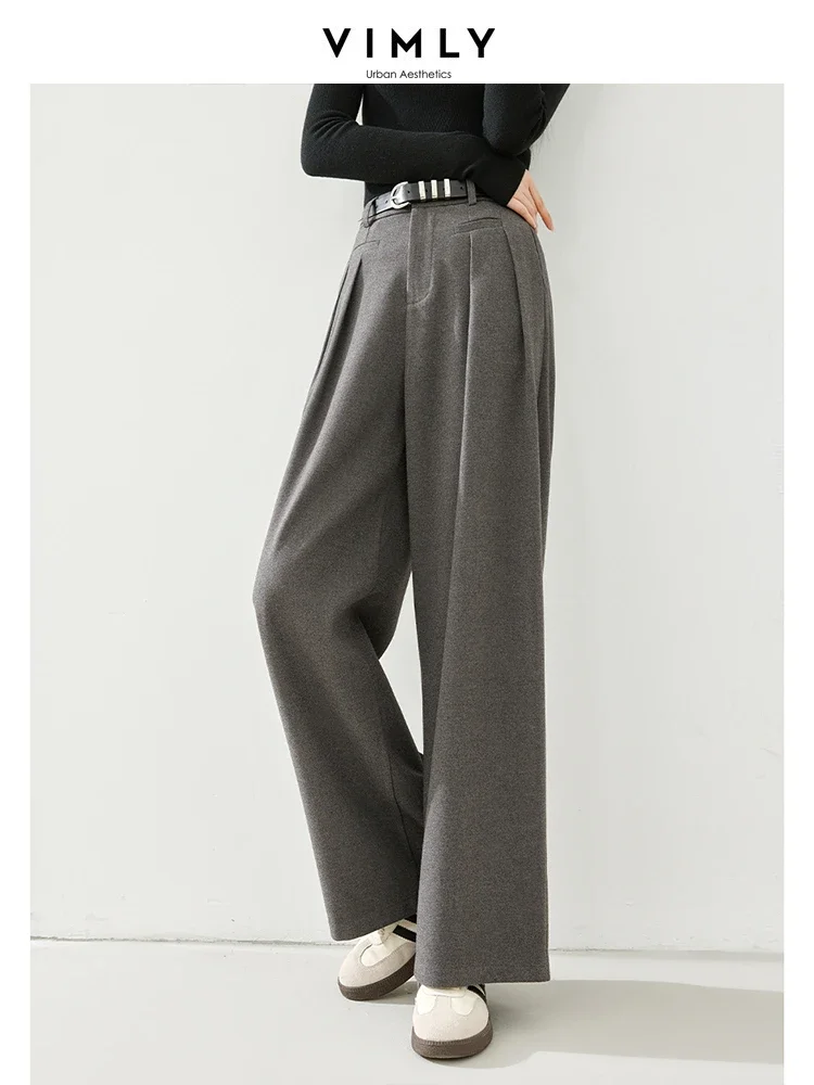 Vimly Wide Leg Thicken Woolen Dress Pant for Women 2023 Winter High Waist Baggy Pants with Leather Belt Woman Trousers 16323