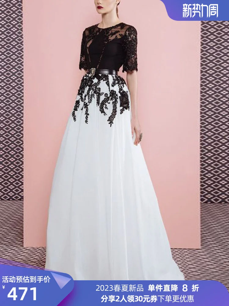 

Temperament Goddess Fan 2023 Summer New Black White Contrast Heavy Work Lace Long Dress Girl