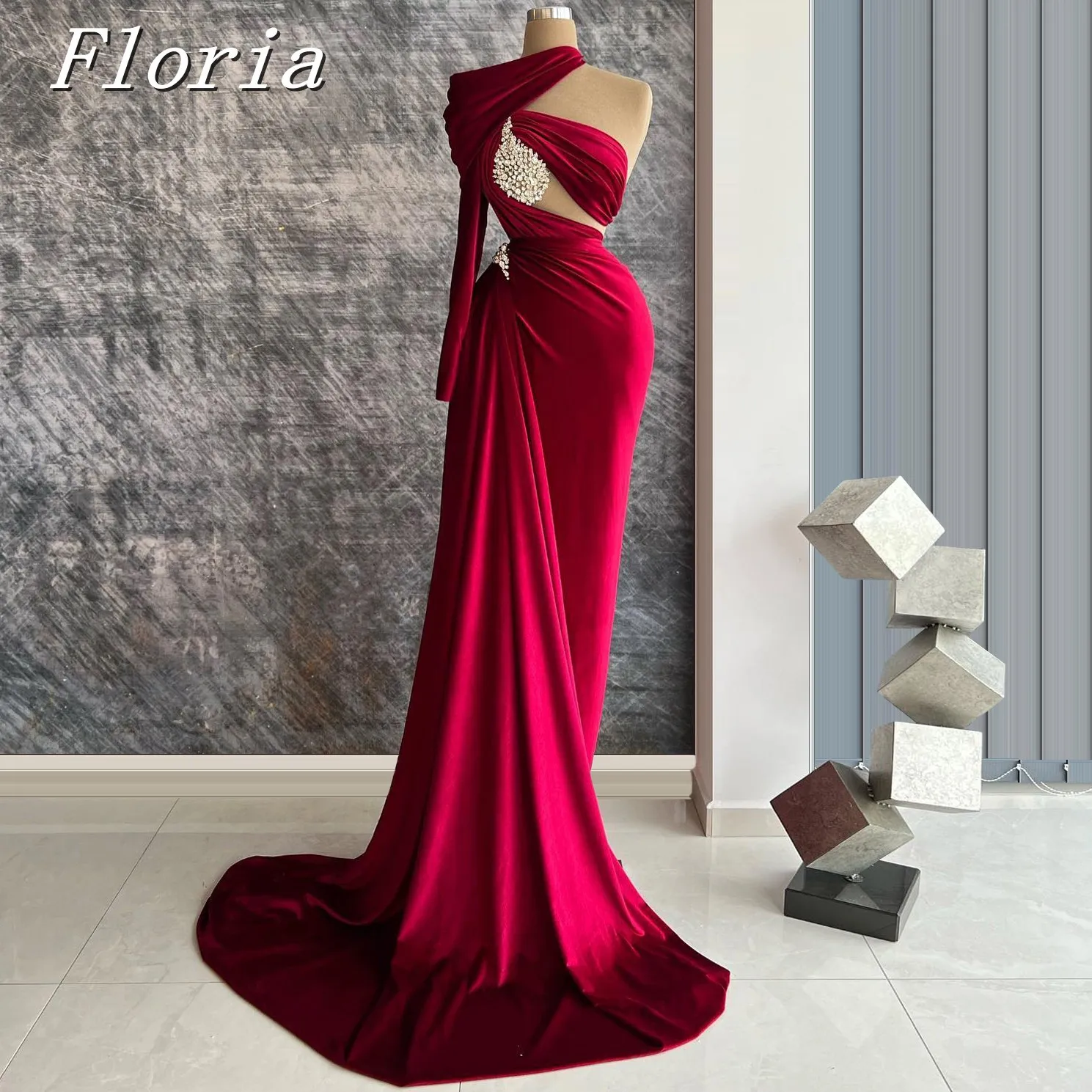 

Modern Customized Evening Dress Shiny Crystals Prom Gowns One Shoulder Robes De Mariee Sweep Train Formal Party Dress