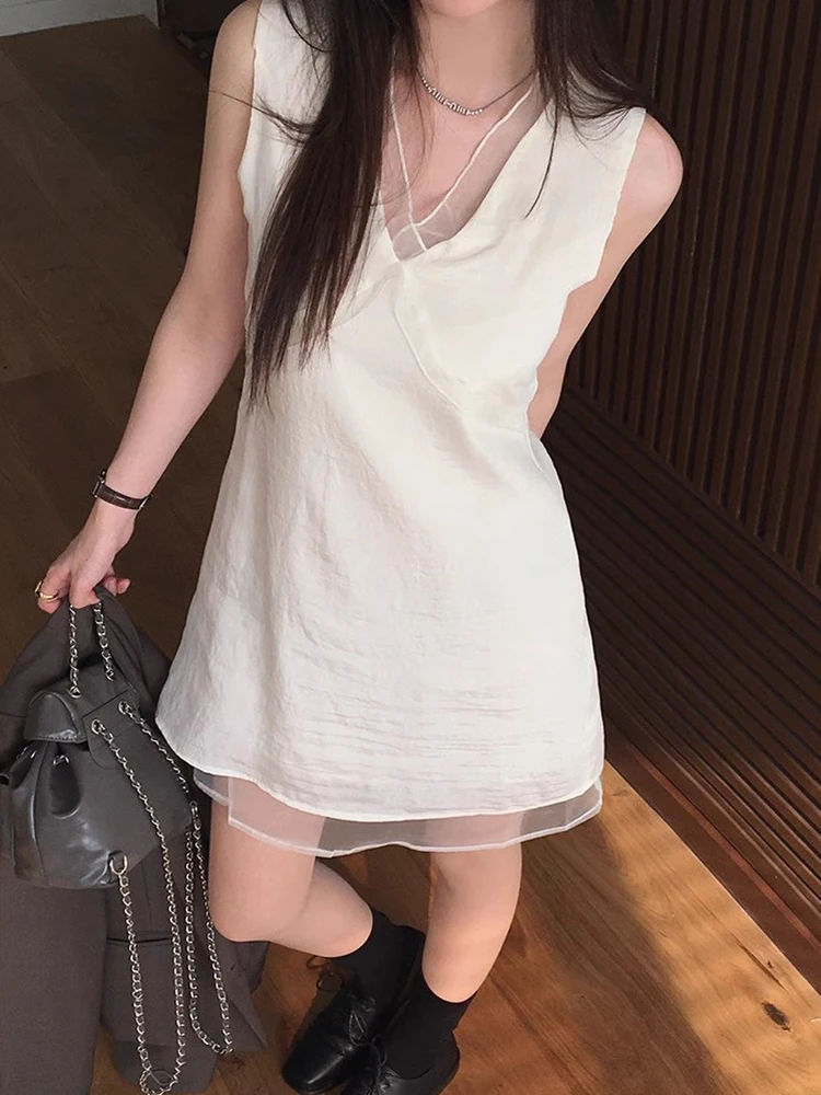 Vestido F Casual de Verão Estilo Coreano com Decote V em Renda Branca, Camada Dupla Solta e Saia Curta Respirável