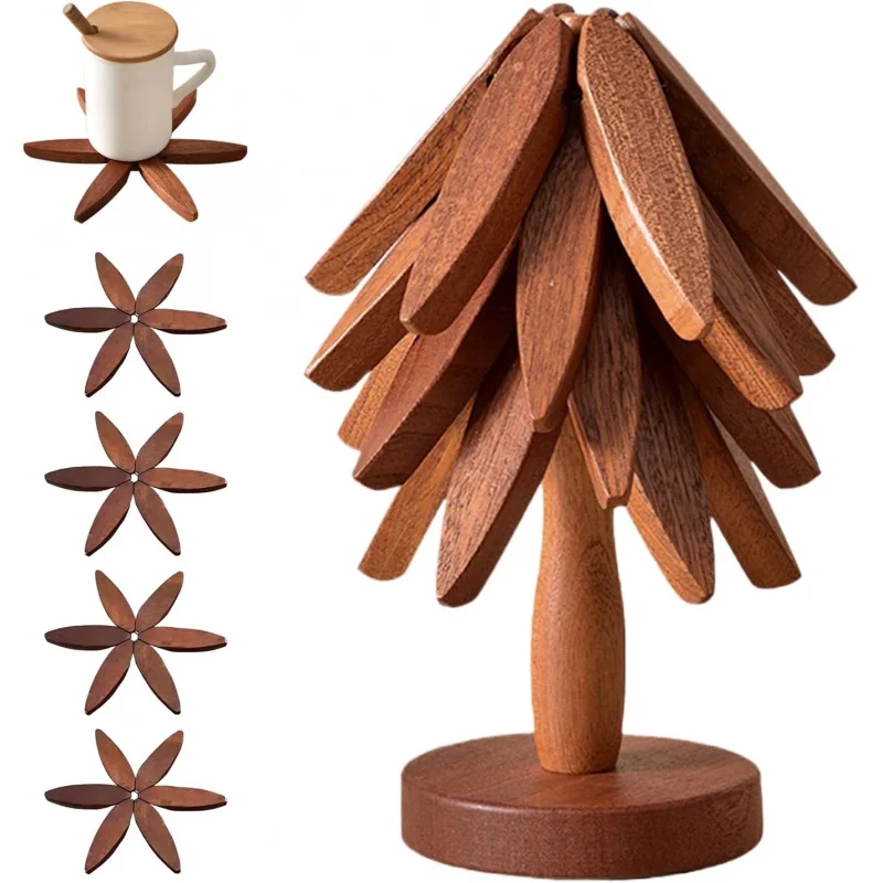 

The Christmas Tree Trivet Set: 4 Foldable Walnut Wood Hot Pads + Stand - A Clever, Space-Saving Gift for Kitchen Lovers