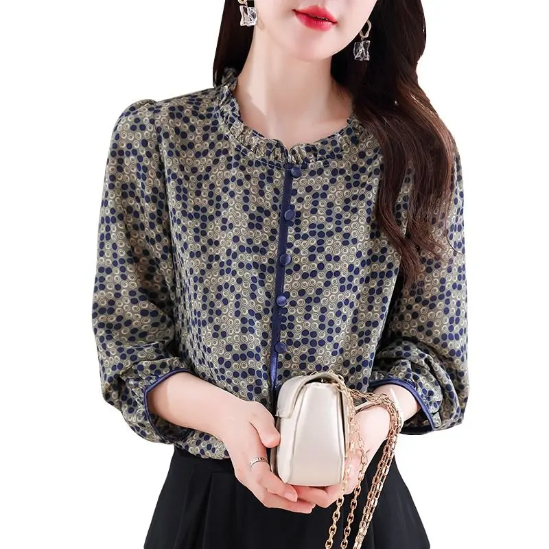 Women\'s Fashion Ruffled Printed Elegant Chic Blouse Vintage Casual Nine Quarter Sleeves Shirt Spring Autumn Stand Collar Blusas