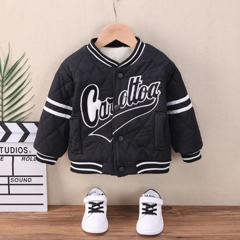 2023 New Kids Fleece Baseball Jackets Autumn Winter Warm Outerwear Fashion Letter Pattern Coats Children Clothes 1-5 Years