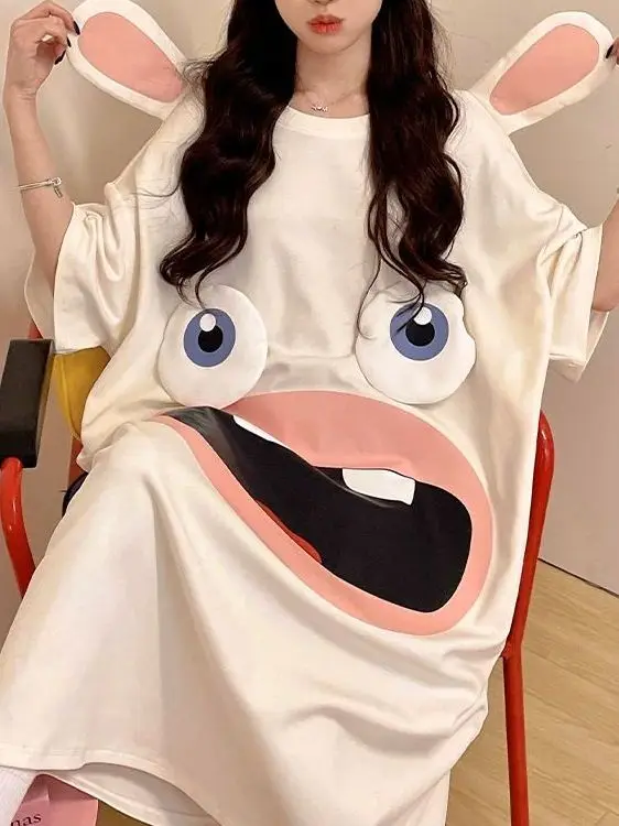 large-size-korean-style-cartoon-sleepwear-women's-summer-loose-maternity-clothing-outdoor-wearable-home-comfortable-dress