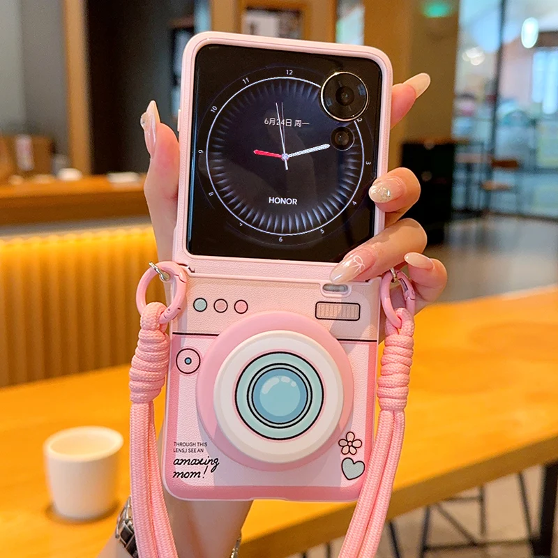 

Чехол для телефона в стиле камеры для Honor Magic V Flip 2, MagSafe, магнитная воздушная подушка, подставка, ремешок, милый розовый ПК, роскошный противоударный чехол