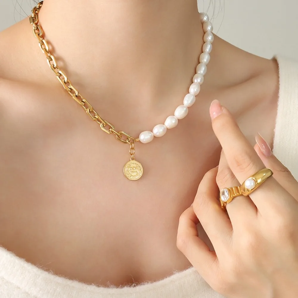 

Double Sided Wearable Freshwater Pearl Splicing Thick Chain Necklace Collarbone Chain Women's Fashionable Wedding Jewelry