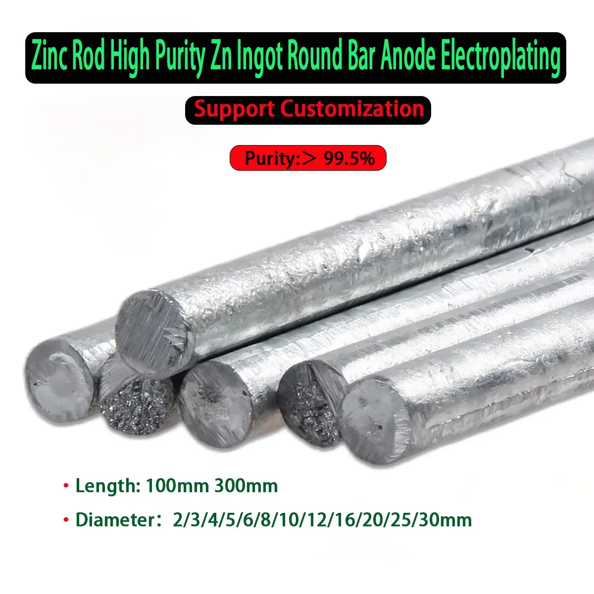 

Zinc Rod High Purity Zn Ingot Round Bar Anode Electroplating DIY Customize Diameter 2/3/4/5/6/8/10/12/16-30mm Length 100mm 300mm