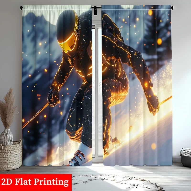 Neon Cyberpunk Skier Curtain, Futuristic Snowboarder Art Drape, Glowing Winter Sports Home Decor for Living Room Bedroom Window