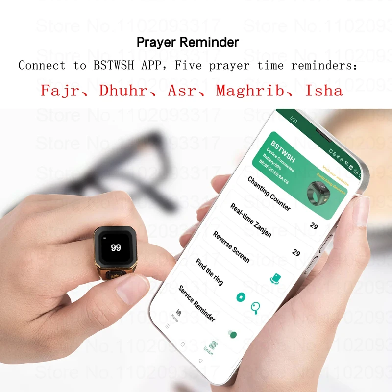 Bstwsh Zinc Alloy Tasbih Zikr Ring for Muslims Tasbeeh Digital Smart Counter 5 Prayer Time Reminder Bluetooth