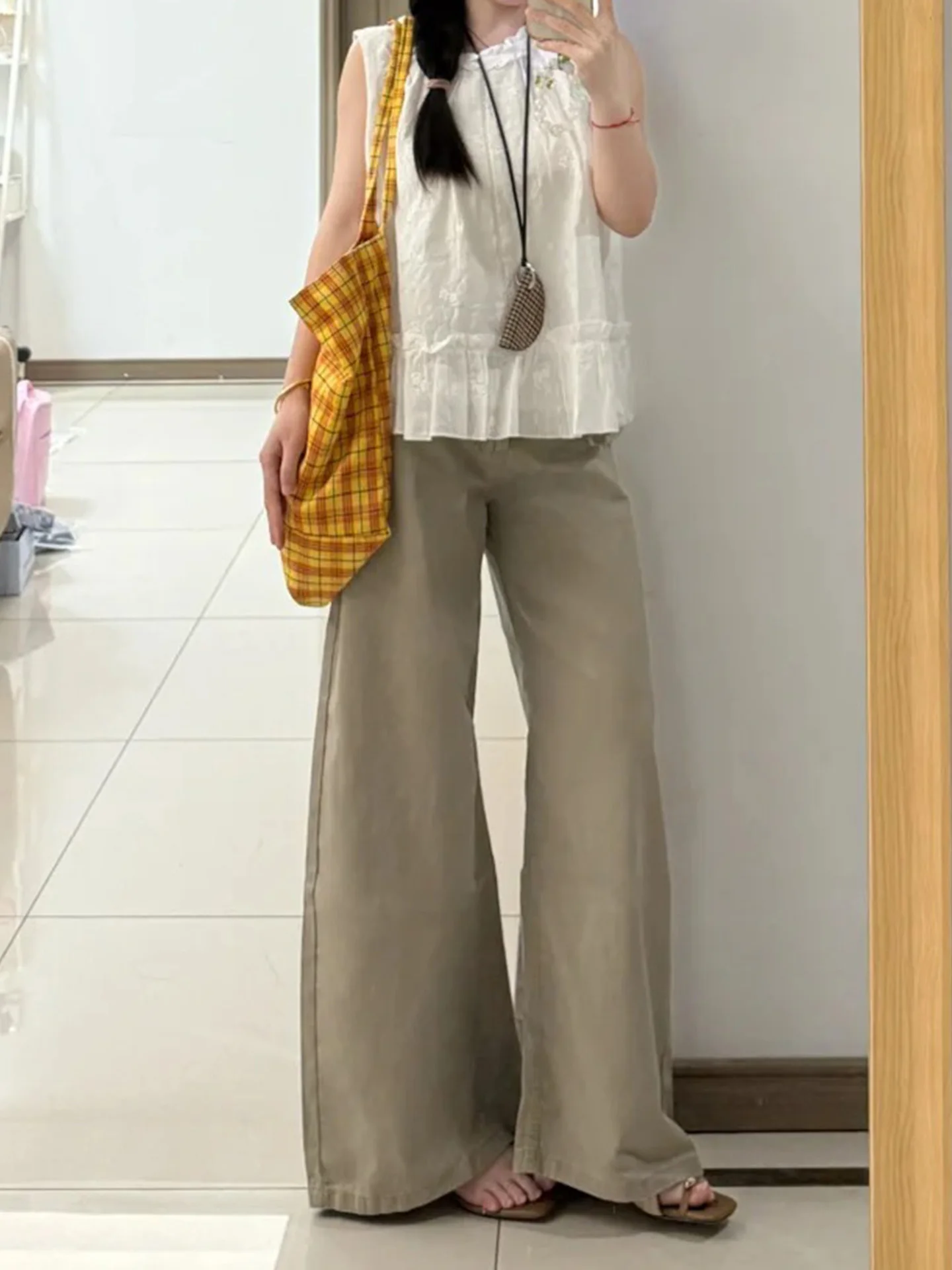 

New 2026 Khaki Washed Wide Leg Straight Cut Slimming High Waist Jeans Loose Floor-Length Thin Denim Pants American Style