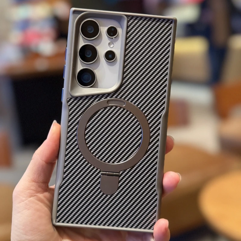

For Samsung Galaxy S24 S23 S22 S25 Ultra Plus Carbon Fiber Texture Magnetic Holder Phone Case Wireless Charging Shockproof Cover