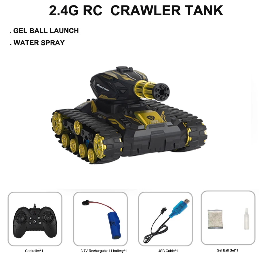 2.4Ghz rc crawler tank with gel ball shooting water spray light and music 6-7-8-9-14 -18 boys game toys box gift set