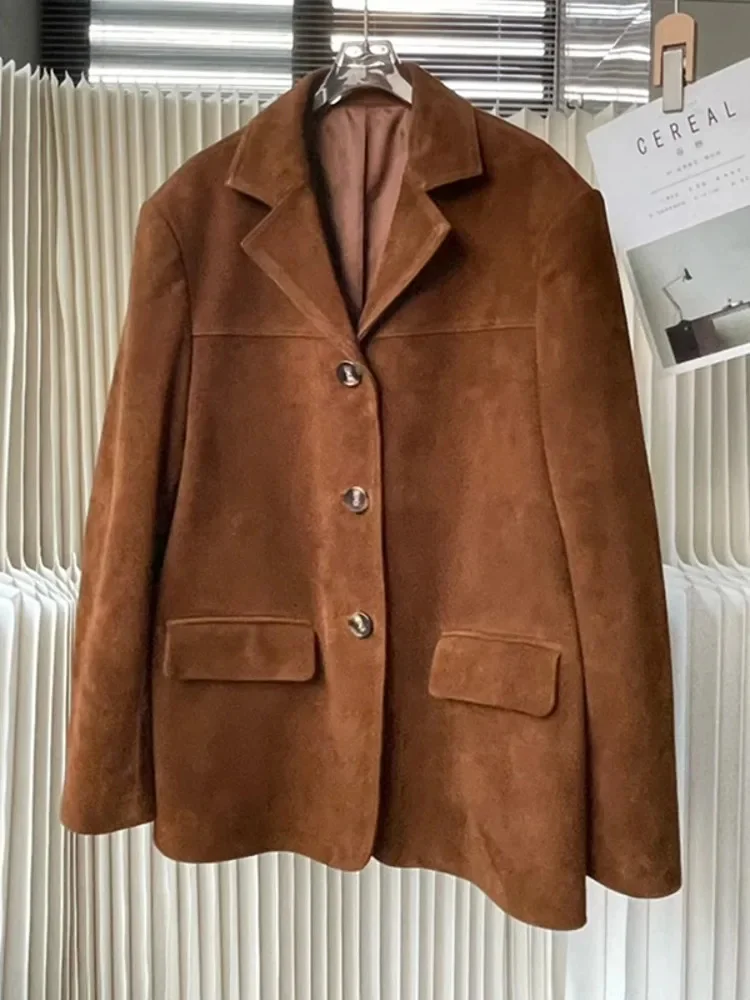 Blazer feminino de camurça de peito único, jaqueta de couro genuíno, casaco de trabalho retrô, Outwear Vintage, senhoras do escritório, outono