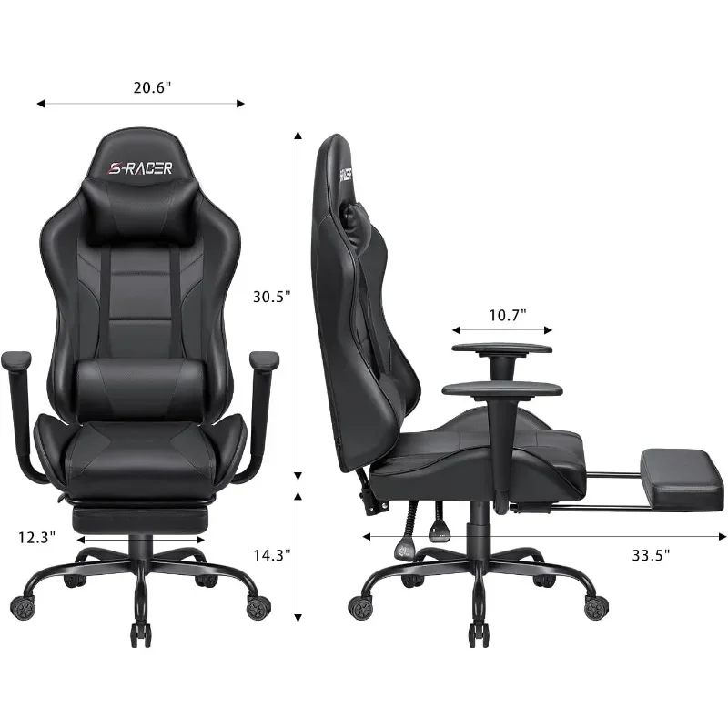 Gaming Chair Massage Computer Office Chair  with Footrest Swivel Chair Adjustable Rolling  (Black)