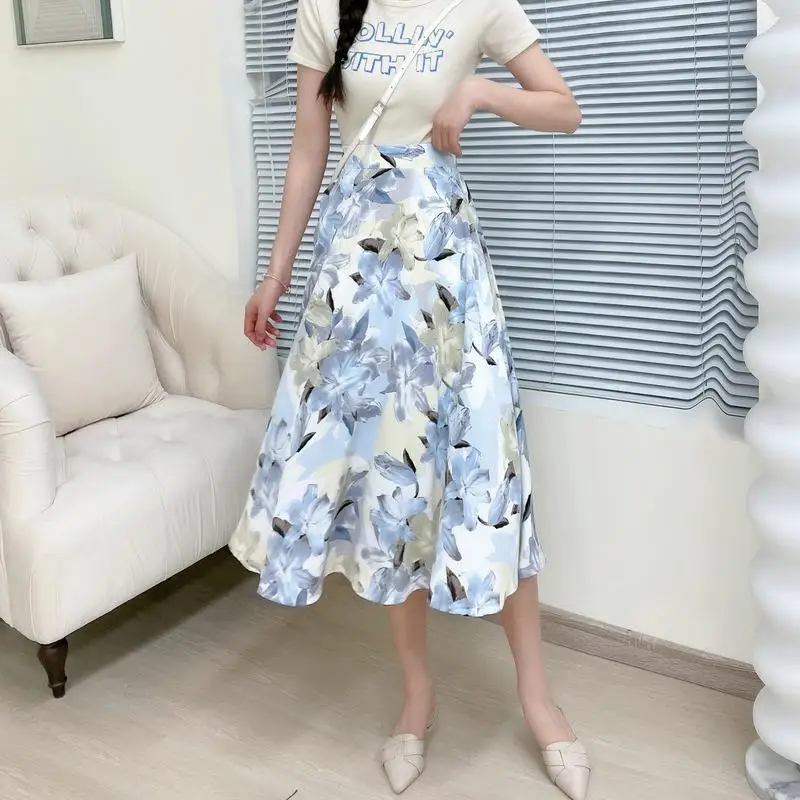 

2024 Summer New Elastic High Waist Thin Retro Oil Painting Floral Casual Simple Sweet Women A-line Long Skirt Free Shipping