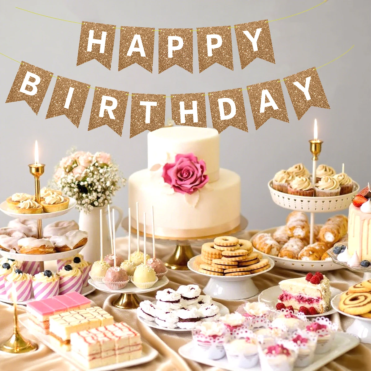 Happy Birthday Gold-Glitzer-Banner – Partydekorationen und Schild für Damen, Herren, Mädchen, Jungen | Zubehör für Geburtstagsparty – Detail 7