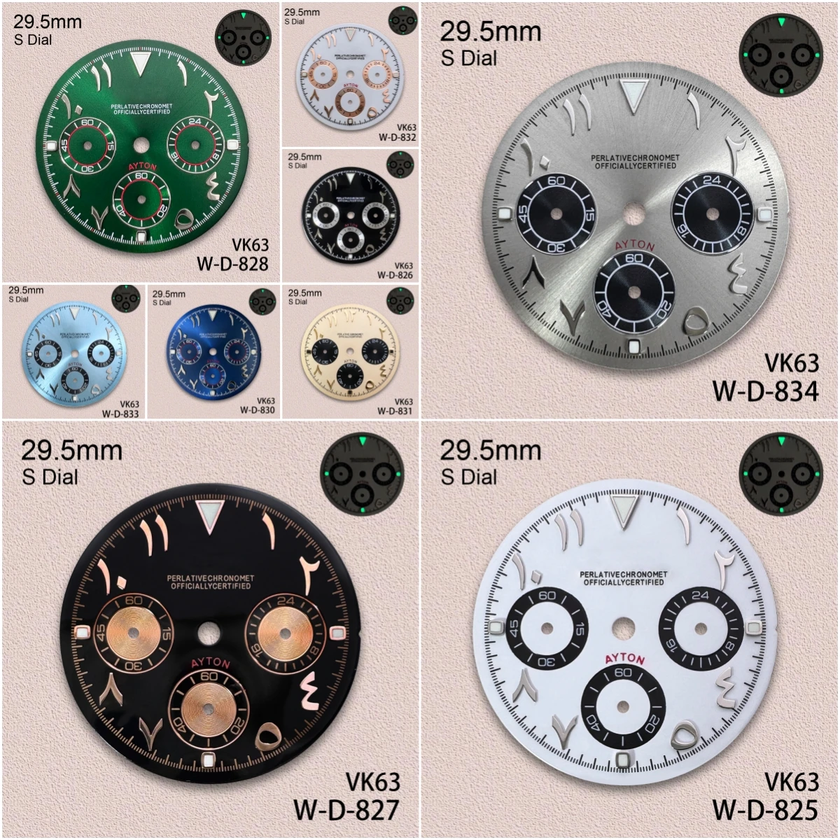 

29.5mm S Logo Panda Arab DTN Dial Fit VK63 Movement Green Luminous High-Quality Dial Watch Modification Accessories