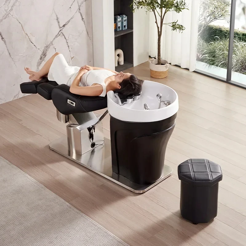 Silla de champú de lavabo profundo de cerámica, cabezal empotrado medio tumbado para peluquería