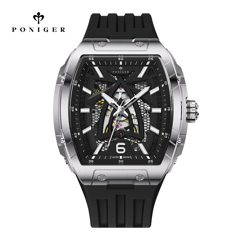 

PONIGER New Design Sport Design Men's Automatic Watch 50M Waterproof Rubber Band Mechanical Watches