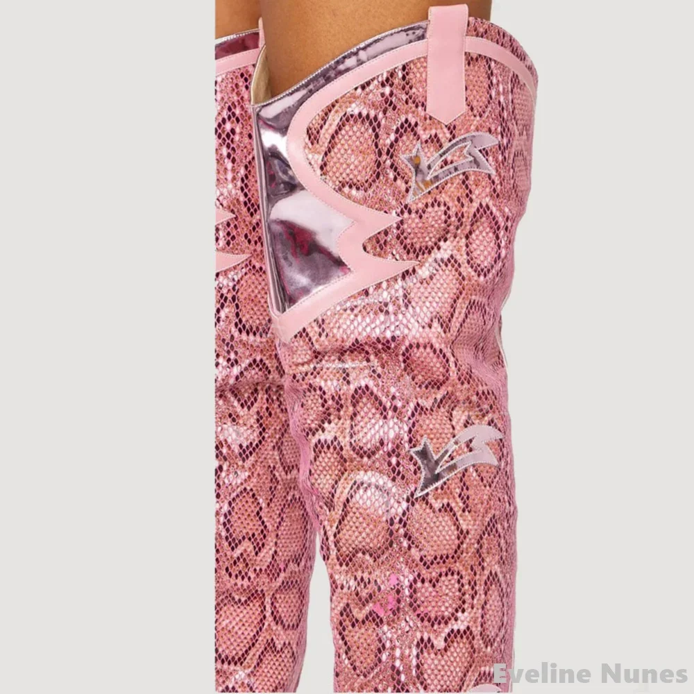 Sexy Pink Snake Print Over The Knee Boots Women Embroidered Pointed Toe Thick Heels Slip On Long Boots New Fashion Catwalk Boots