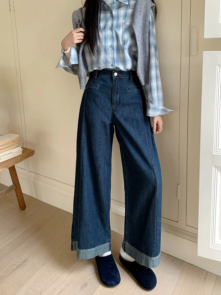 

Европейские джинсы с высокой талией и прямыми штанинами для женщин, большие размеры, осенняя новинка, корейские джинсы-брюки из денима, стройнящие фигуру