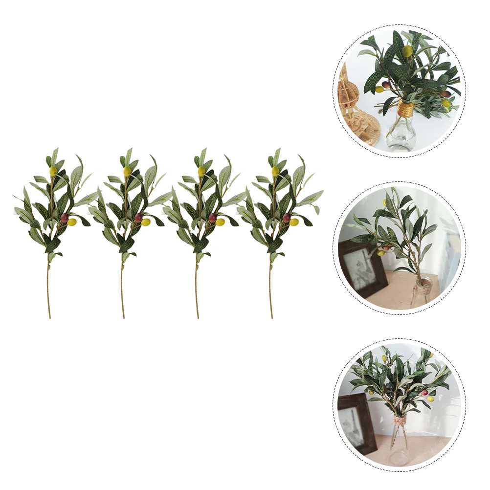 4 Pcs Simulated Olive Branch with Fruit Encrypted Leaf Wedding Living Room Bedroom Dining Table 4pcs (3-pronged Branch) Decor