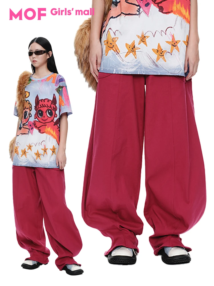 Retro Style Banana Print High Waist Jeans New Arrival Dragon Fruit Color Women's Comfortable Stretchy Casual Trousers