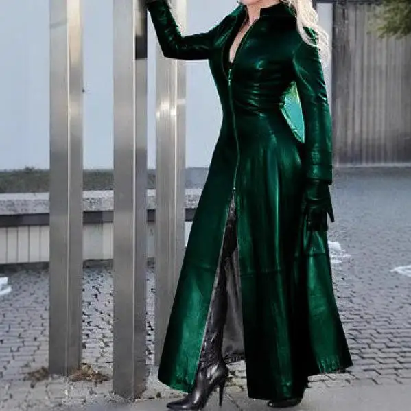 Lunghezza estesa Colletto alla coreana Pelle PU Jaet Gothic Sle Long Sve Cappotto da donna Transfrontaliero Wi Bestseller opify