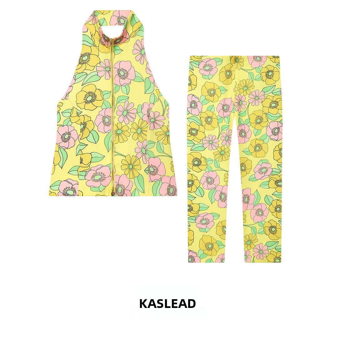 

KASLEAD New Women's Fashion Backless Collar Hanging Neckline Top Long Pants Summer Season Plant Floral Patterned Two-Piece Set