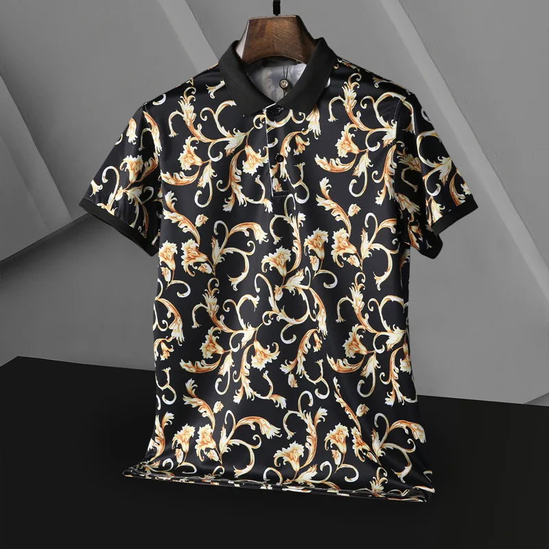 Summer New Men\'s Fashion Trend  Polo Shirt Print Casual Black Gold Print Lapel Short Sleeve Polo Shirt Polo Shirt Men\'s Clothing