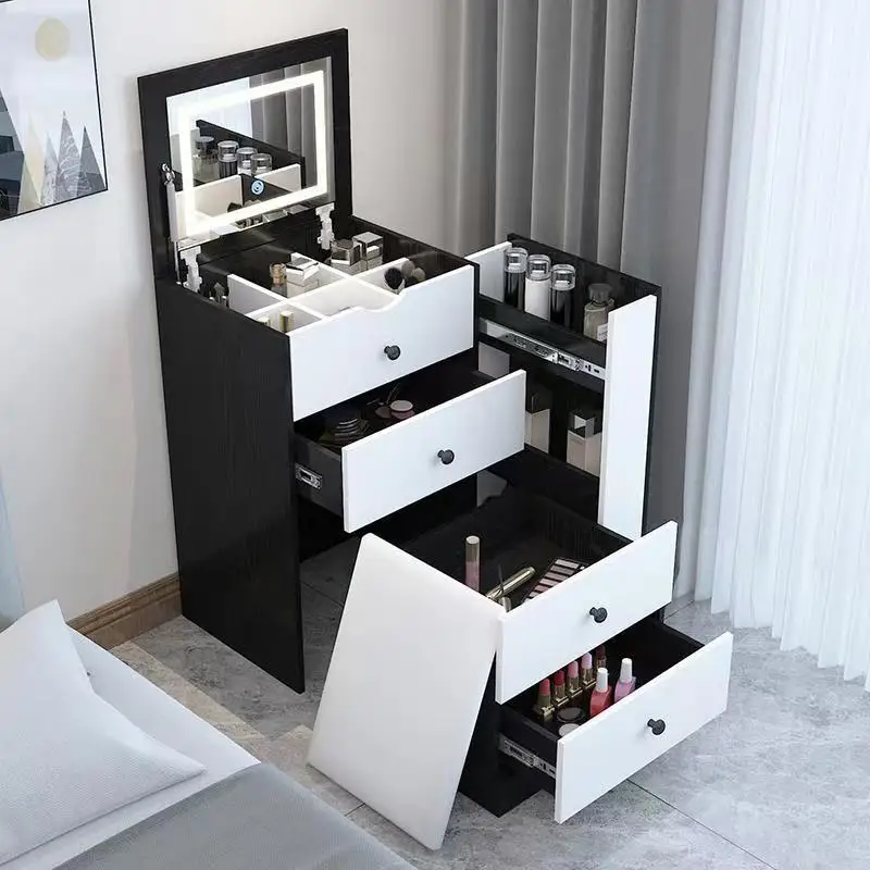 Modern Design Wooden Foldable Multifunctional Dressing Table Bedside Cabinet Ladies Cosmetic Storage with Chair
