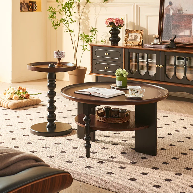 French Vintage Designer-Style Solid Wood Double-Tier Round Coffee Table – Antique-Style Living Room Tea Table