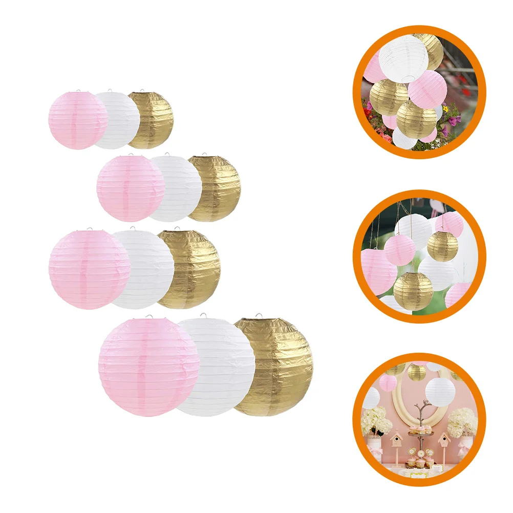 12 Pcs Holiday Decorative Paper Lantern Set DIY Handmade Colorful Round Party Scene Decoration 12pcs (pink/white/gold) Lanterns