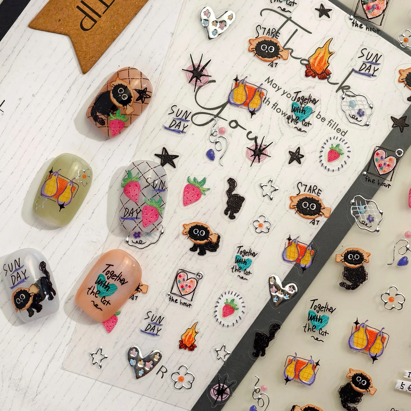 Bellissimo graffiti gatto nero pera fragola amore fiori stella gattino zampa di pesce mela rossa bowknot adesivi per nail art decalcomanie per manicure