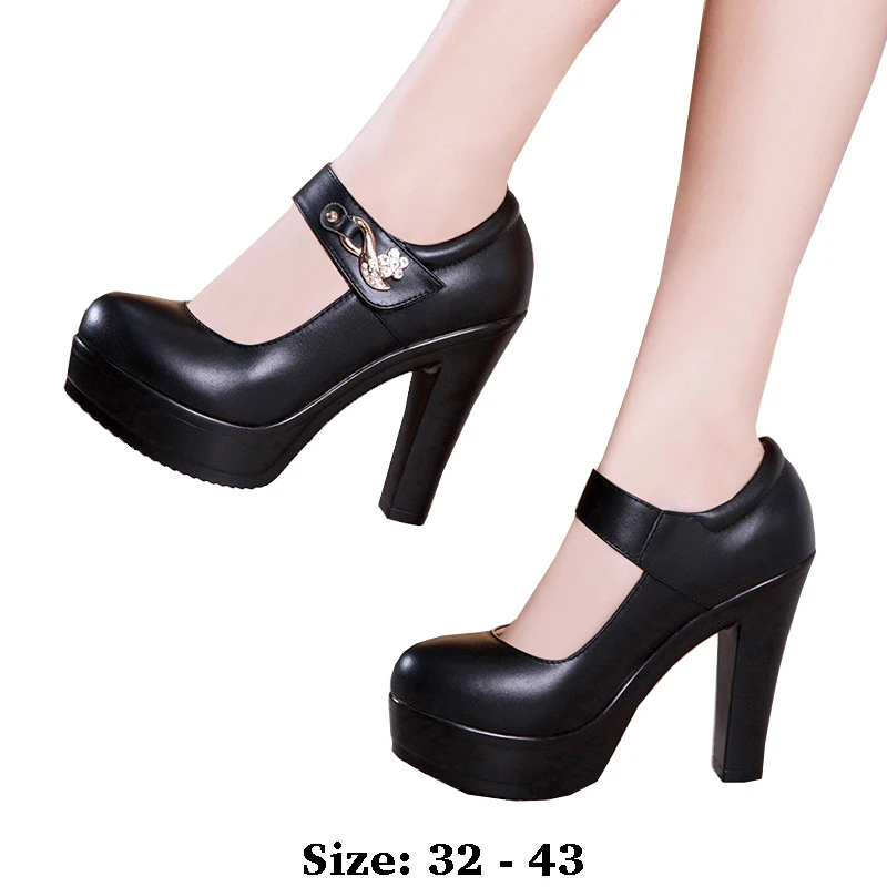 

high quality leather shoe for women 8cm 10cm 12cm high heel platform round toe 32 33 43 elegant fashion shoe black white silver