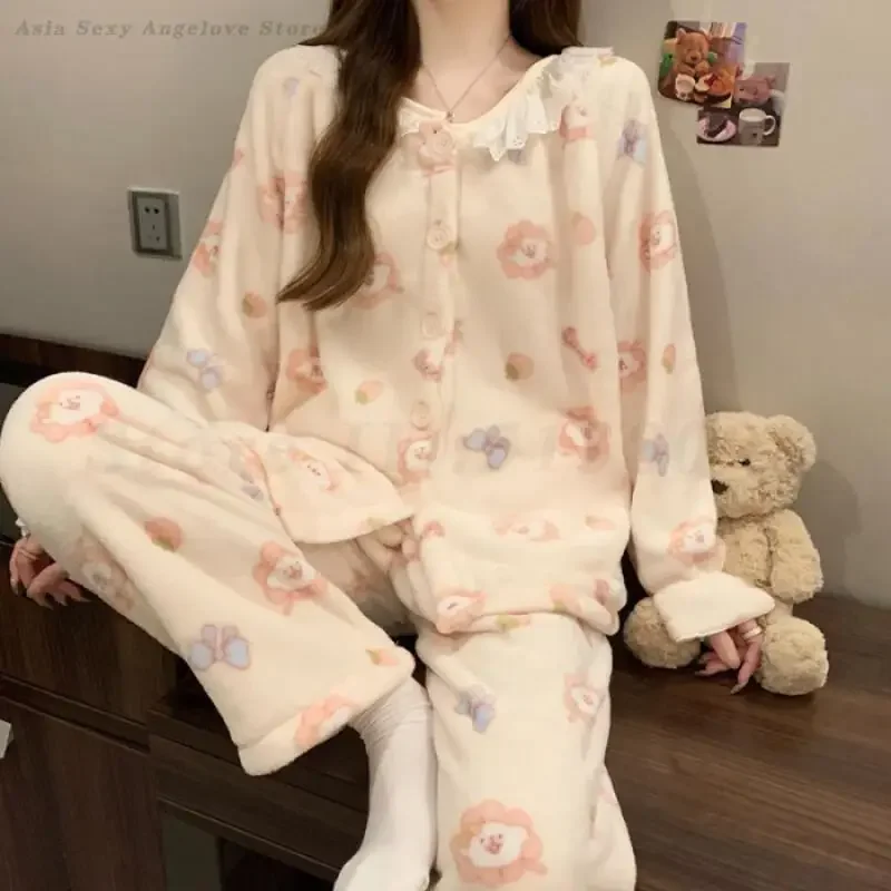 

Fashion Flannel Pyjama Pour Femme Autumn Winter New Sleepwear Women Long Sleeve Pajamas 2PCS Set Loungewear Loose Lace Homewear