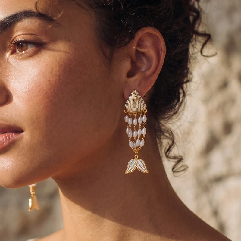 Loe | Enamel Fish Pattern Stainless Steel Earrings for Women 18k Gold Plated Pearls Accrssories Stylish New Popular