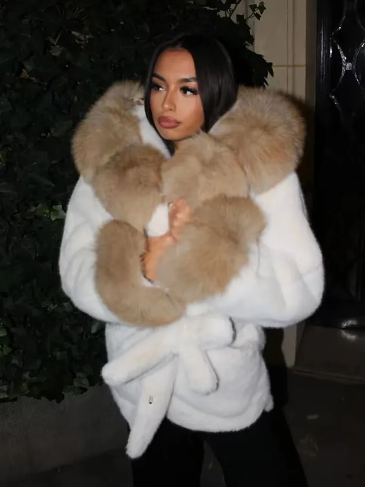 

HH Female Versatile Casual Warm Coat Long Sleeves Belt Faux Fur Collar Hooded Loose Quilted Woman Winter Fashion Casual Jacket