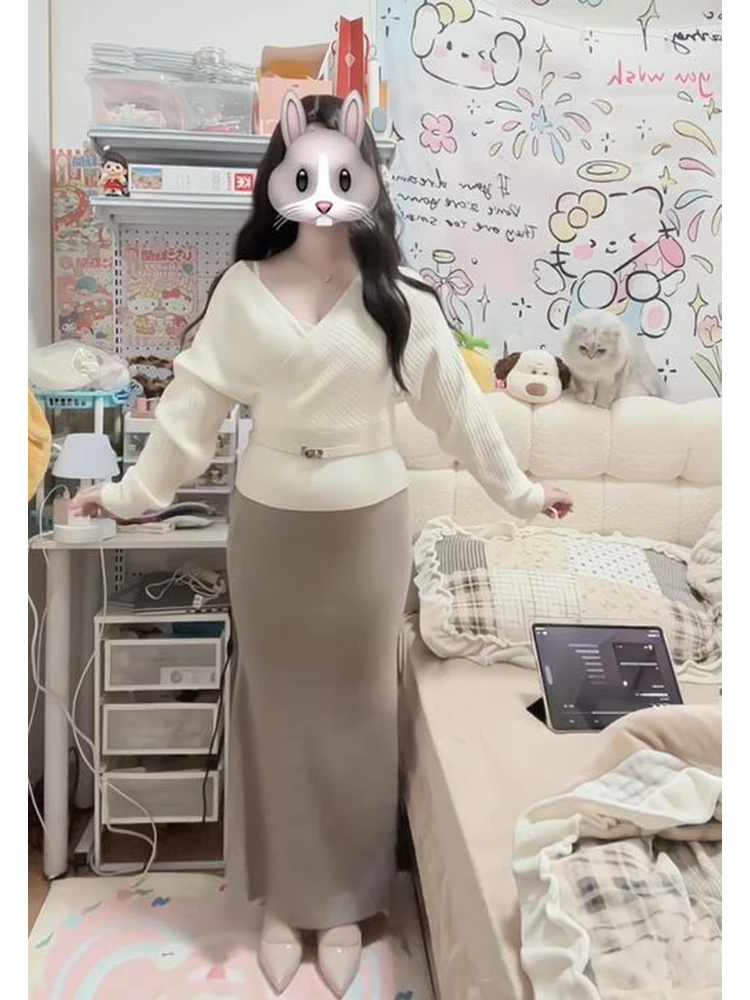 

Ele ort Knitted Sweater V-Ne Slim Fit Women's Faion Set with Fi Tail f Skirt Two-Piece Suite for Autumn Winter